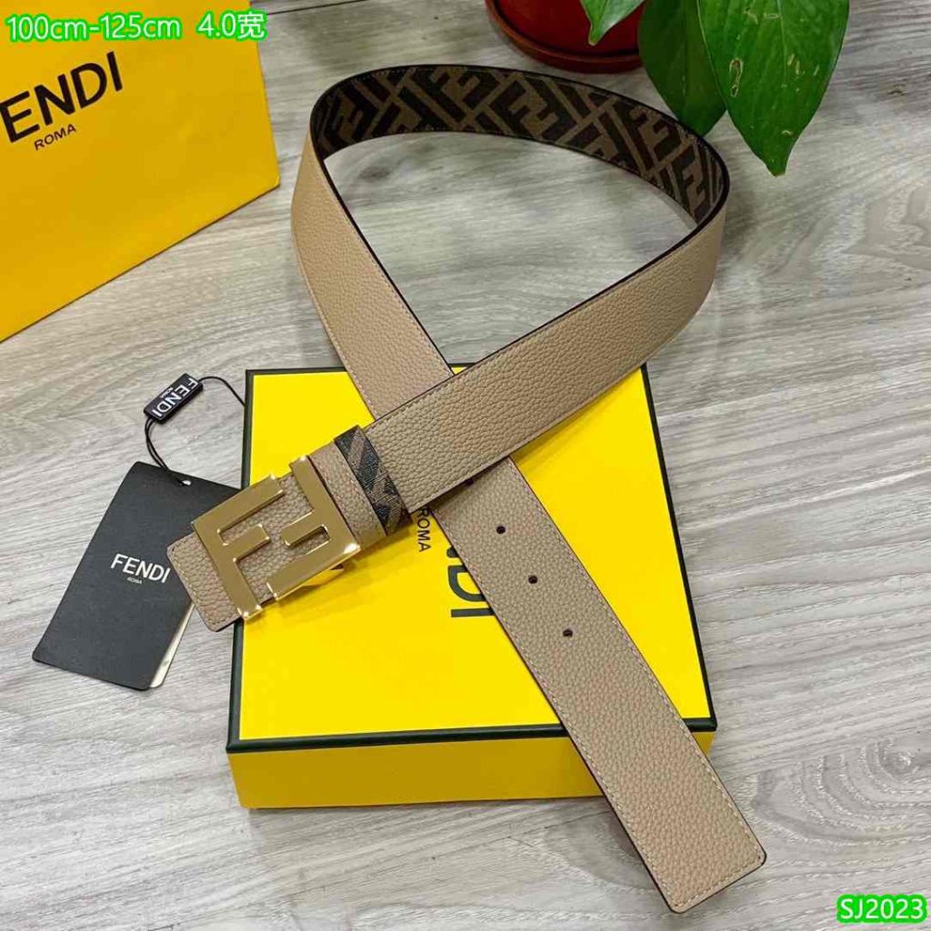 Fendi Belt for Men - 4.0 Wide FF Logo Buckle - Beige Leather 65-5R 32 Fendi Belt Gold