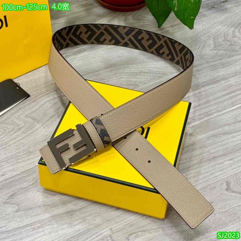 Fendi Belt for Men - 4.0 Wide FF Logo Buckle - Beige Leather 65-5R 6 Fendi Belt Dark Gunmetal
