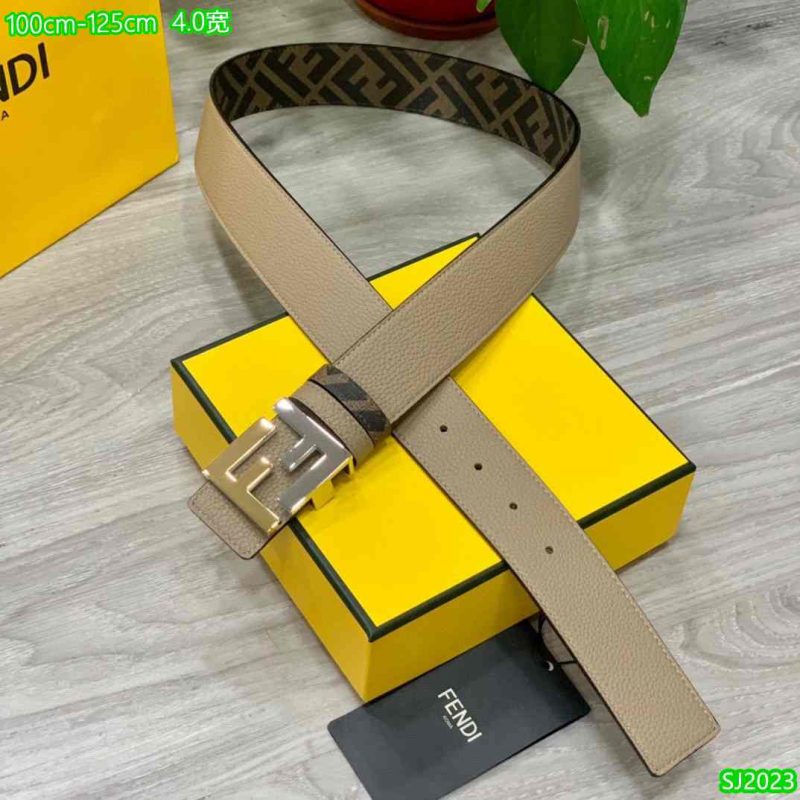 Fendi Belt for Men - 4.0 Wide FF Logo Buckle - Beige Leather 65-5R 9 Fendi Belt Matte Brown
