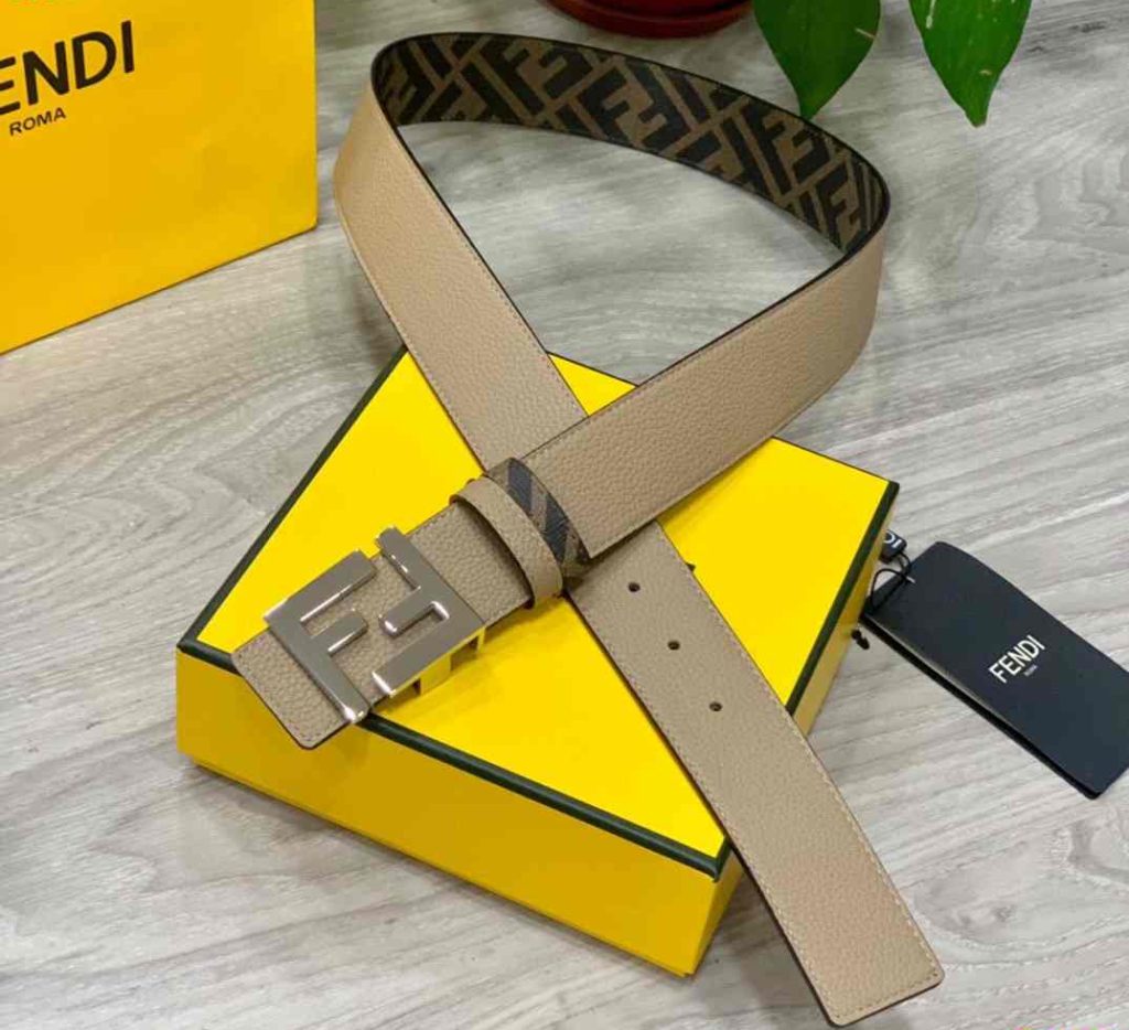Fendi Belt for Men - 4.0 Wide FF Logo Buckle - Beige Leather 65-5R 33 Fendi Belt Silver