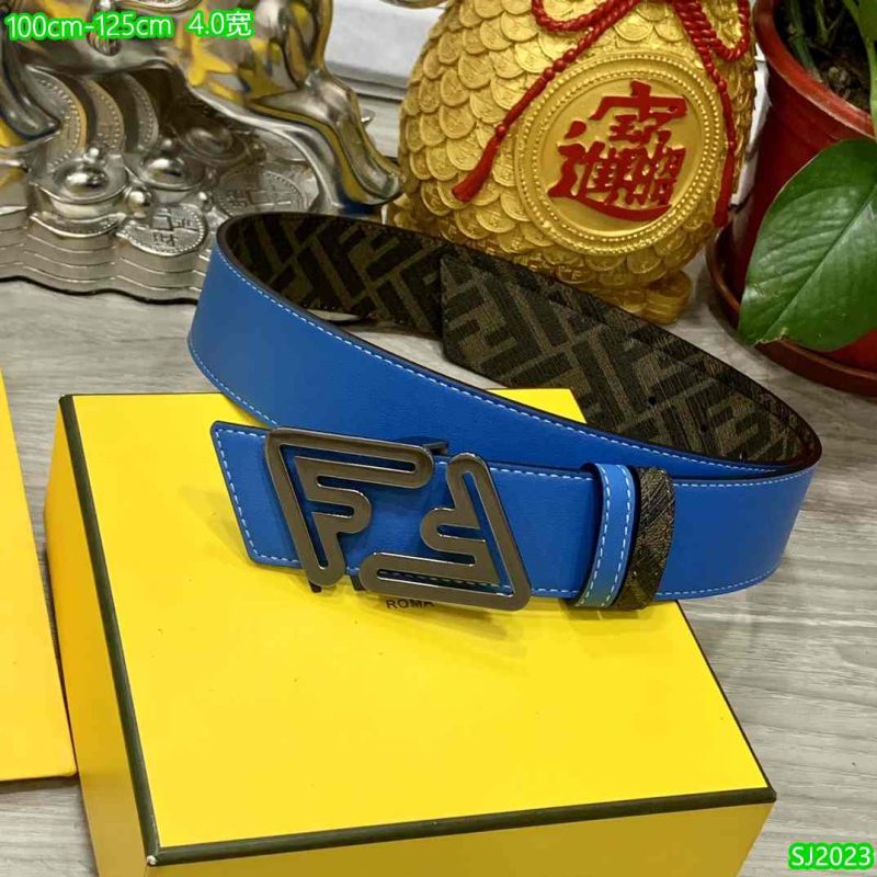 Fendi Belt for Men - FF Buckle - Blue and Beige 65-6R 10 Mens Fendi Belt Blue