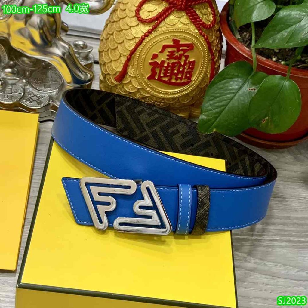 Fendi Belt for Men - FF Buckle - Blue and Beige 65-6R 44 Fendi Belt Blue for men