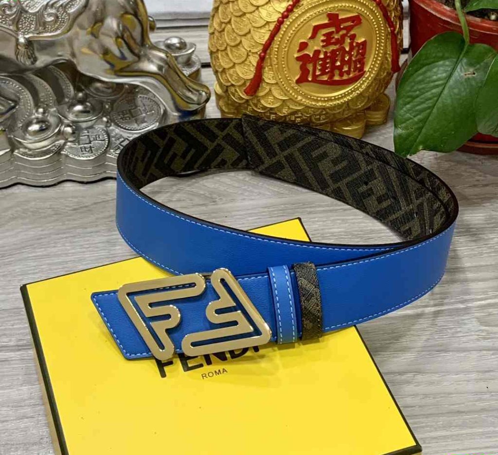 Fendi Belt for Men - FF Buckle - Blue and Beige 65-6R 43 Fendi Belt Blue