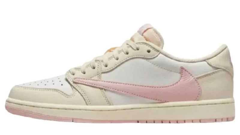 Shop the Travis Scott x Air Jordan 1 Low OG Shy Pink featuring premium suede, reverse Swoosh branding, and exclusive streetwear style.